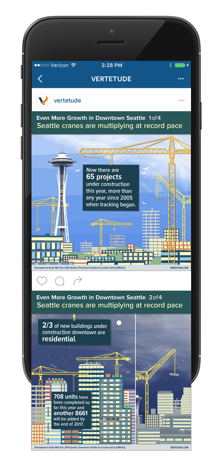 Infographic of more growth in downtown Seattle, Instagram mobile mockup