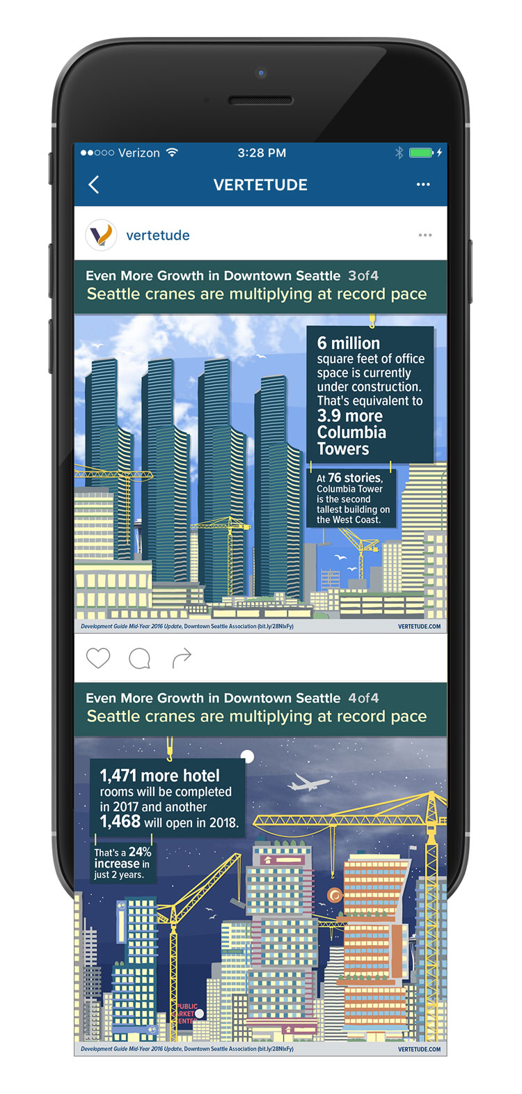 Infographic of more growth in downtown Seattle, Instagram mobile mockup 2