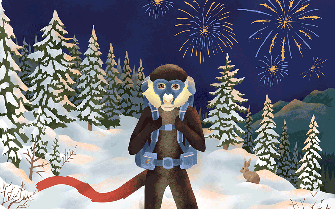 Animated GIF preview of 2016 New Year’s Card, featuring original artwork of Kendi the Monkey with fireworks in the background