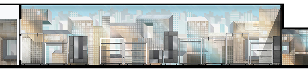 Store elevation rendering showing merchandising system against custom wallpaper