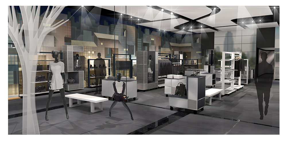 Fashion store final rendering featuring merchandising and original art program