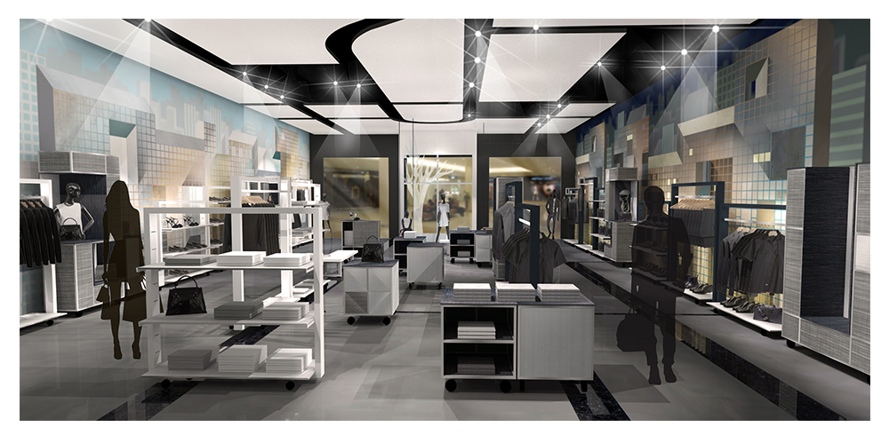 Fashion store prototype rendering looking toward cash wrap