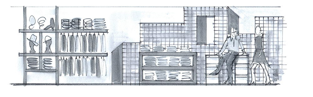 Store concept elevation sketch of merchandising and original artwork