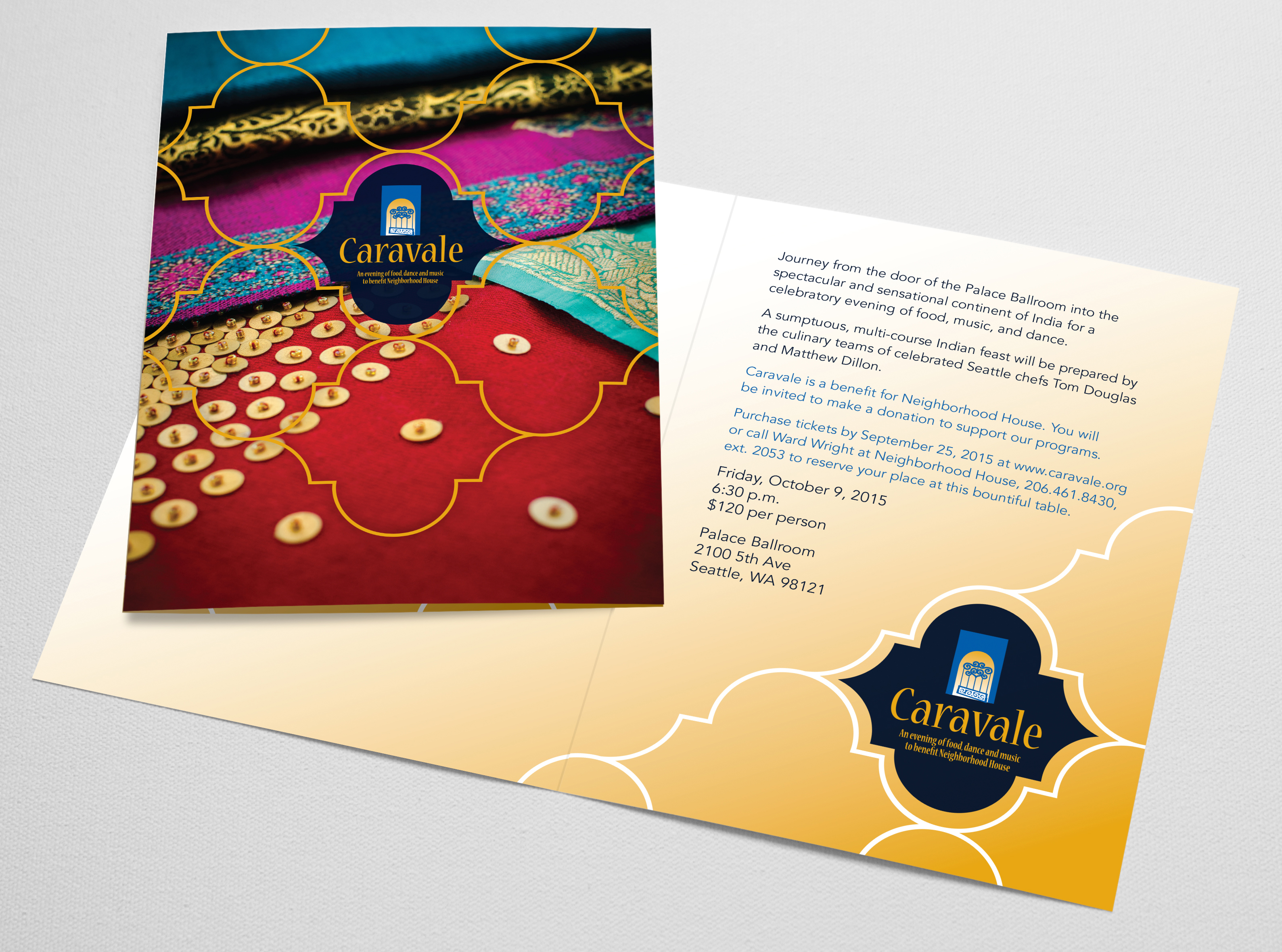 Caravale invitation featuring sari fabrics photography and Indian patterns