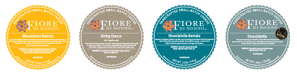 Fiore di Nonno cheese packaging round labels with fresh colors inspired by flavors