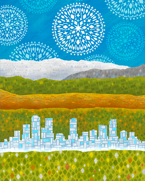 Denver Layers custom Artwork showing Denver cityscape and landscape with Mediterranean patterns