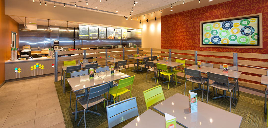 Garbanzo Mediterranean Grill interior design, ordering line and custom wallpaper