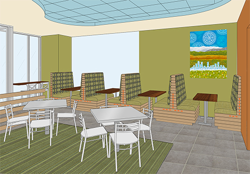 Store rendering showing dining room, customer flow, and focal art