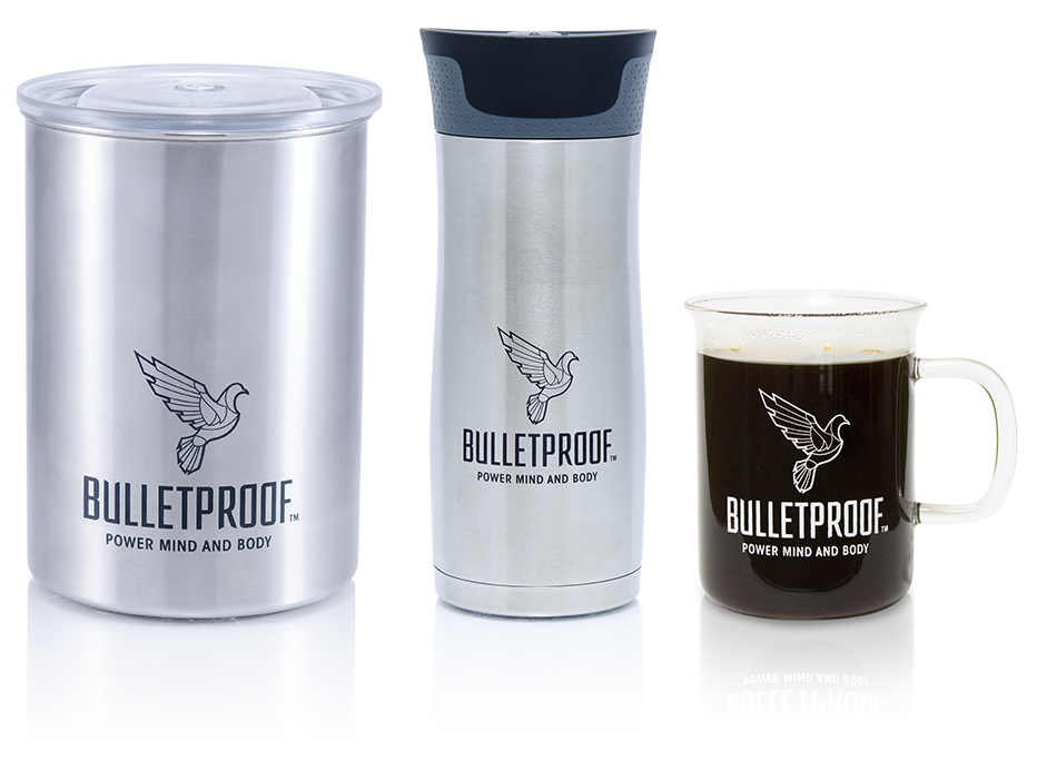 Bulletproof branded coffee canister, travel mug, and beaker mug