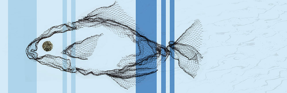 Original artwork using photos of a fish net to create a giant fish printed on custom wallpaper