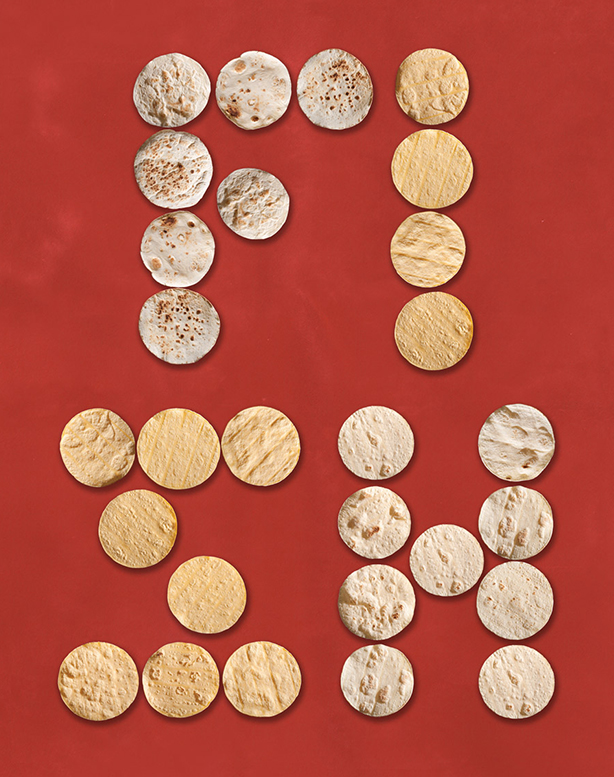 Photography of tortillas laid out to spell “Fish”