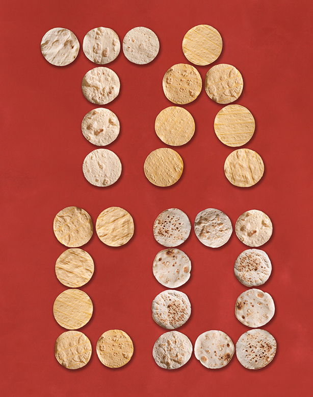 Photography of tortillas laid out to spell “Taco”