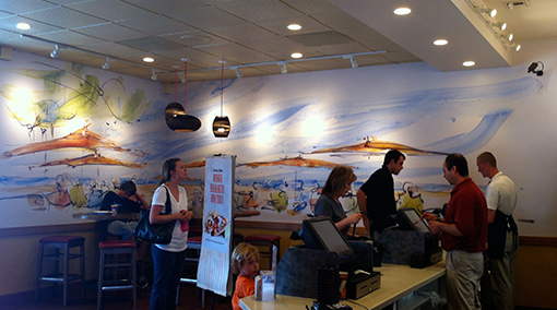 Rubio’s Carlsbad store photo of San Diego Vibe watercolor painting of beach scene on custom wallpaper