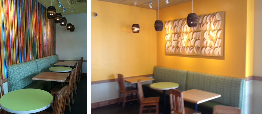 Restaurant photo of Striped Salsa Pattern original artwork, upholstered booths, and tortilla pattern photography