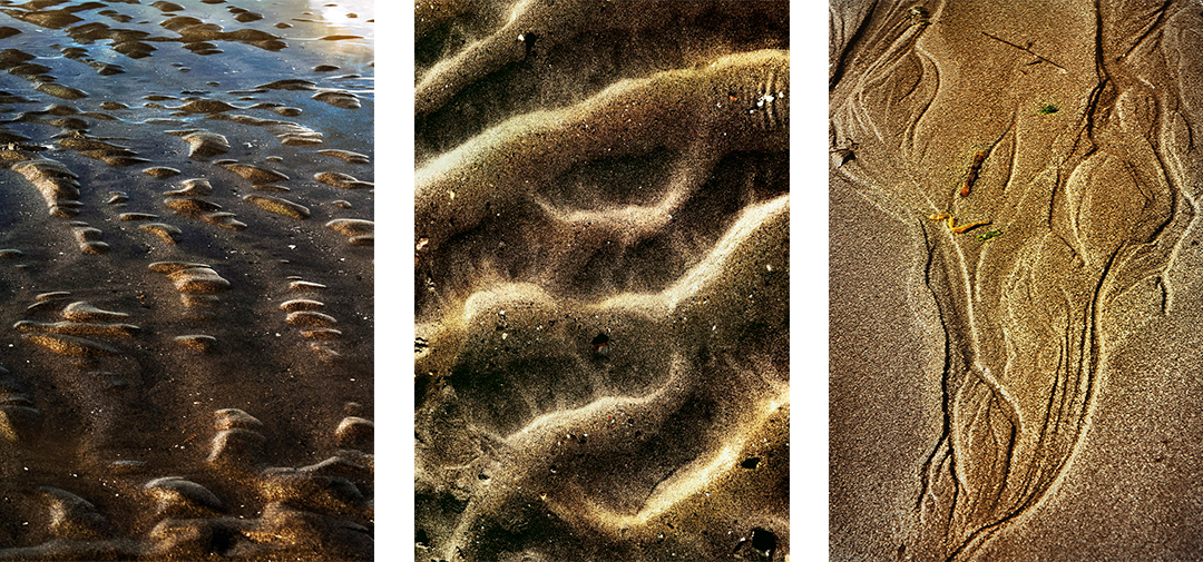 Photography of water and unique texture on sandy beach printed on metal triptych