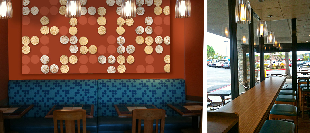 Restaurant photo showing tortilla pattern artwork and ocean inspired furniture and lighting