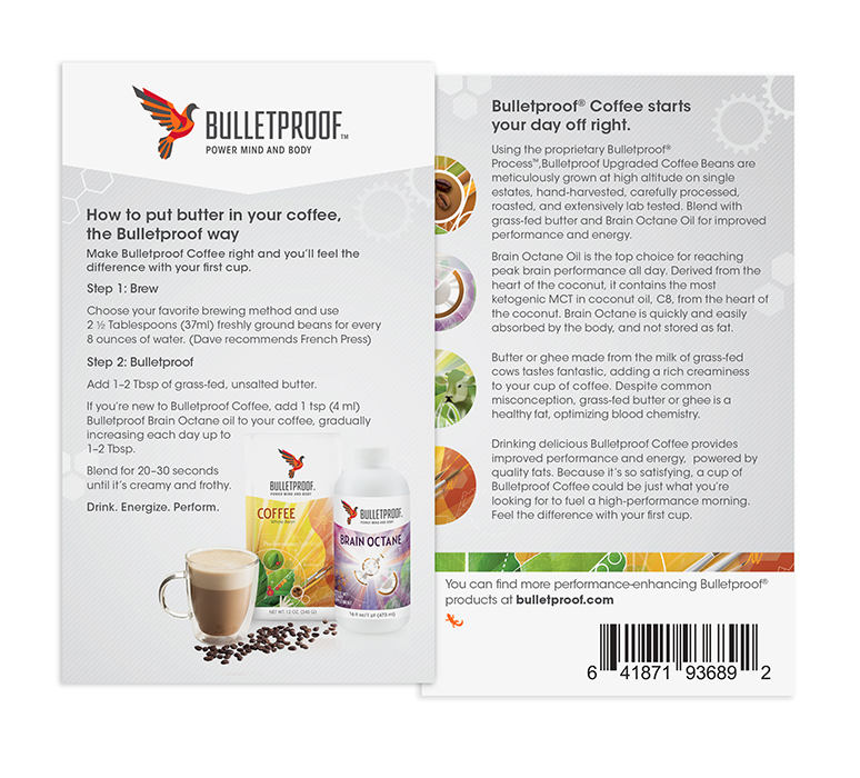 Recipe card with instructions on how to make Bulletproof coffee and benefits of Bulletproof products