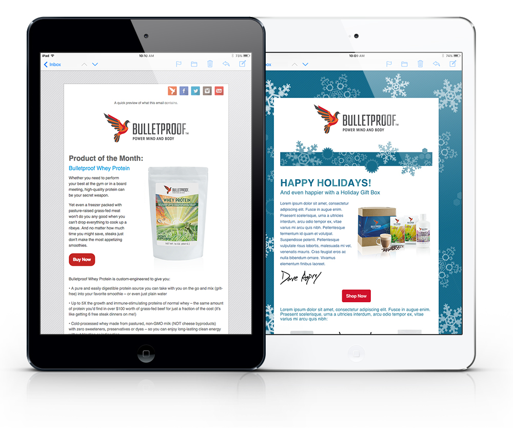 Bulletproof email campaign responsive templates shown on tablets