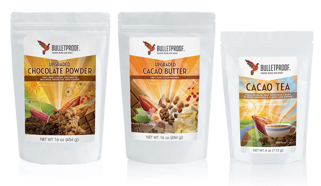 Bulletproof packaging design, Chocolate Powder, Cacao Butter, and Cacao Tea