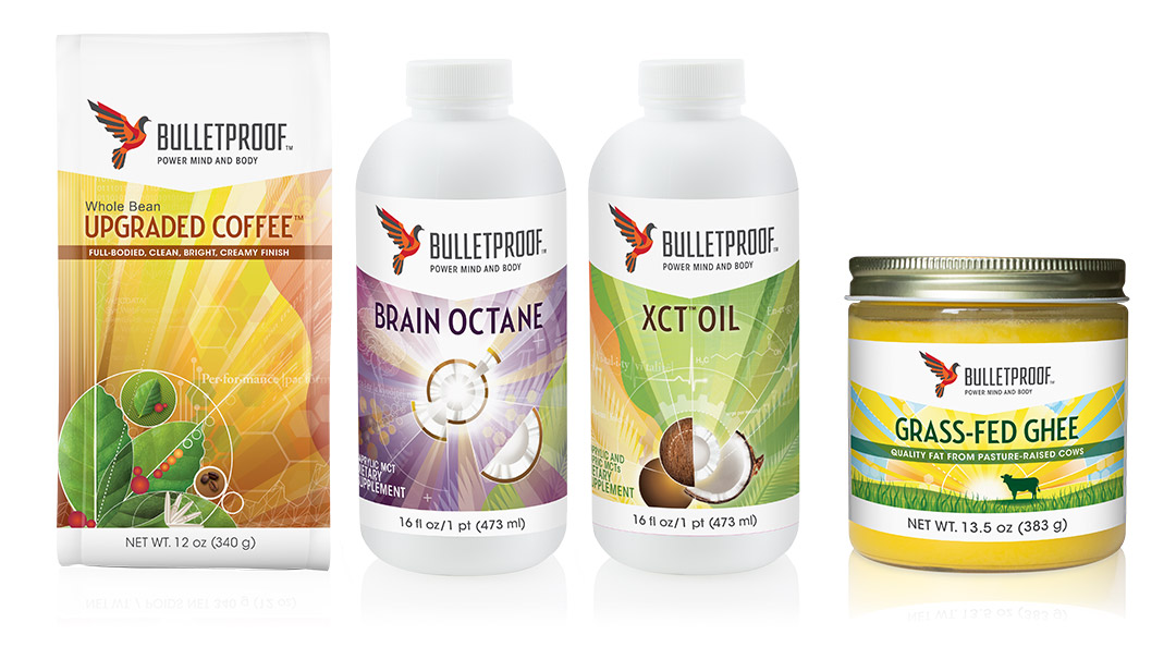 Bulletproof coffee packaging design, healthy fats, Brain Octane, XCT Oil, and Grass-fed Ghee