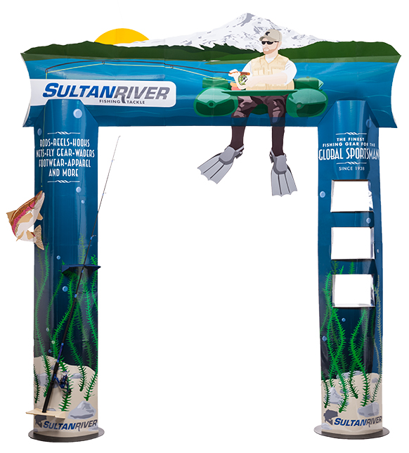 Outdoor industry fishing gear kiosk with unique structure and product display for retail 