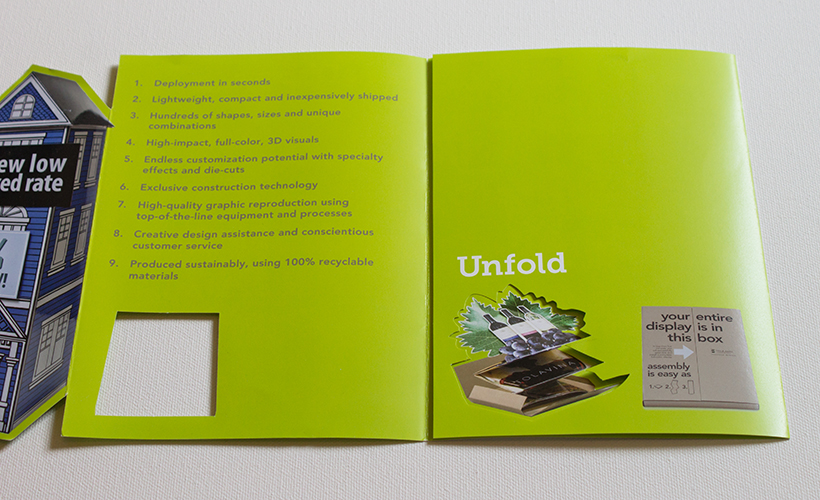 Mini brochure unfolding second panel, listing Trumari benefits and second word of tagline, “Unfold”