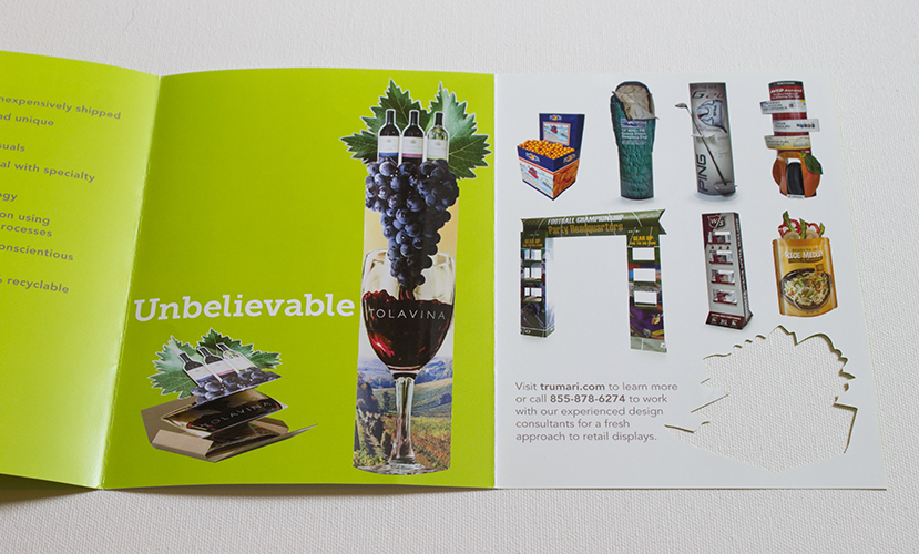 Brochure inside spread, with last word of tagline, “Unbelievable”, Lama Display deployment and product samples