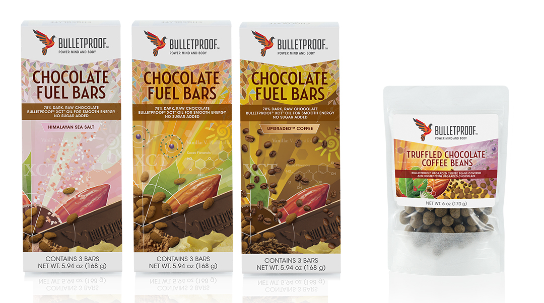 Bulletproof Chocolate Fuel Bars packaging and Truffled Chocolate Coffee Beans