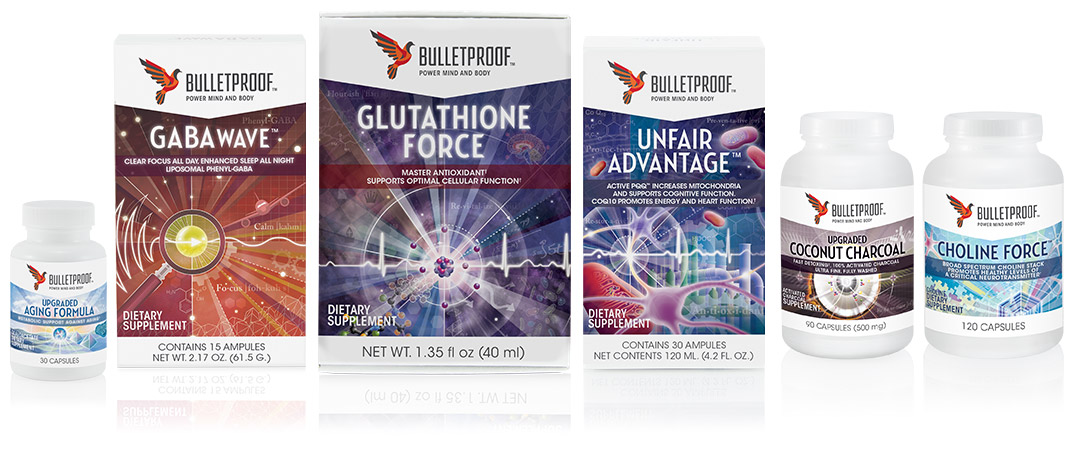 Bulletproof Supplements packaging design, Gabawave, Glutathione Force, Unfair Advantage, Coconut Charcoal, and Choline Force