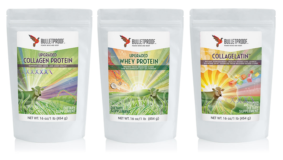 Bulletproof packaging design nutrition, Whey, Collagen, and Collagelatin Protein 