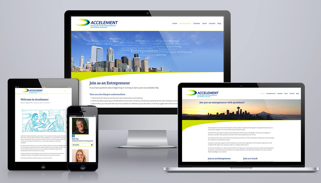 Accelement website, showing responsive design on mobile, tablet, and desktop