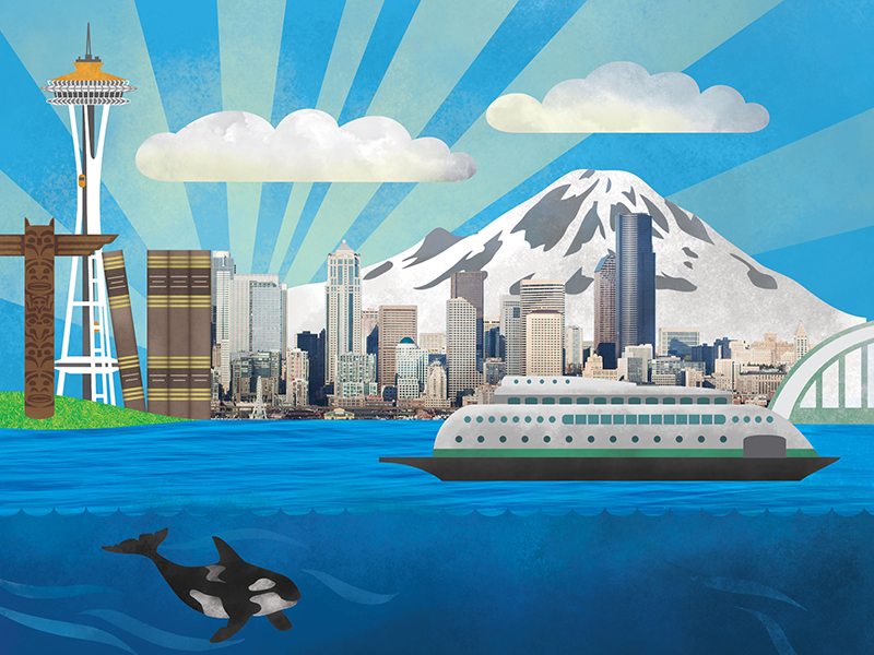 Illustrated infographic artwork, with downtown Seattle, Mt Rainier, ferry, and legal books