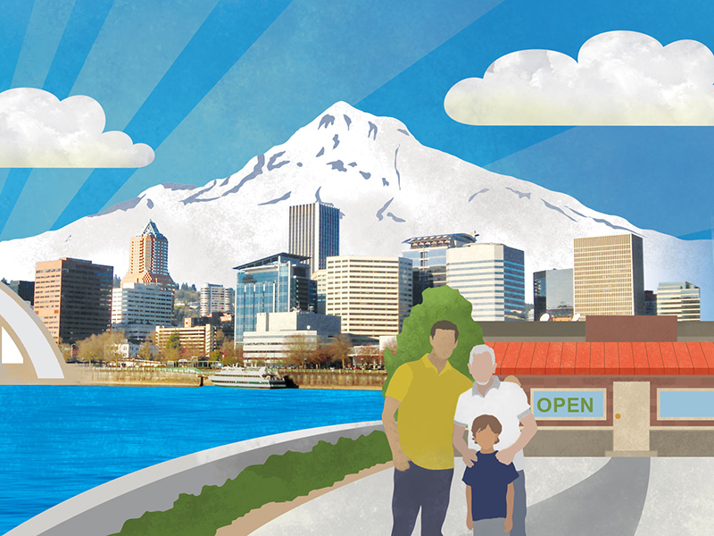 Illustrated infographic artwork and photography, Portland, Mt Hood, small business, family business