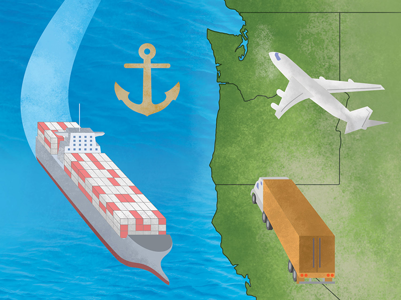 Infographic illustration artwork, West coast, shipping transportation and maritime