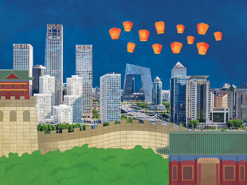 Infographic illustration artwork, international law showing downtown Beijing, China