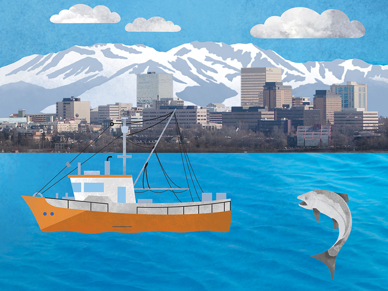 Infographic illustration artwork and photography for GSB Law Alaska, maritime and fishing industries