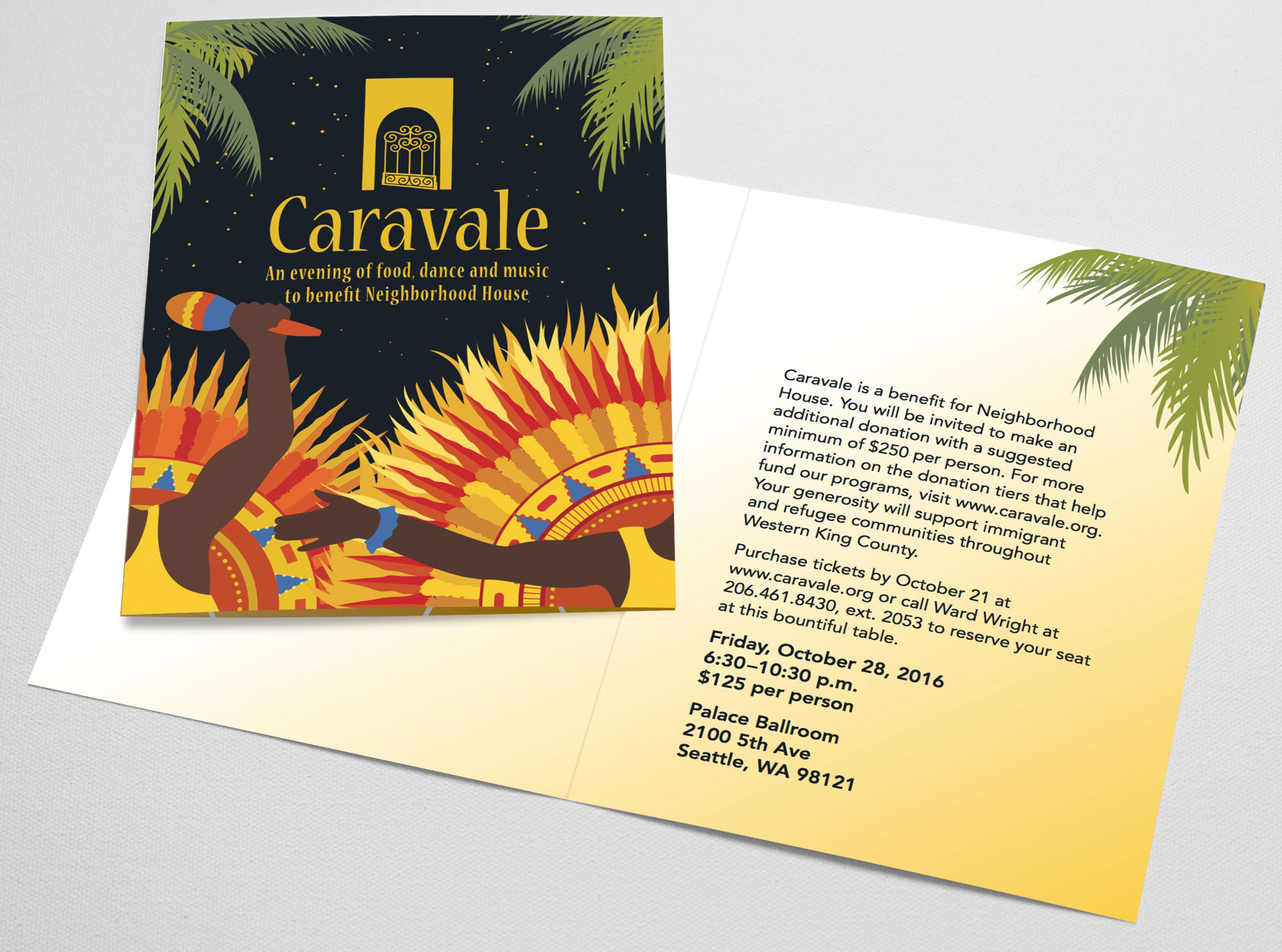 Invitation for Caravale 2016 featuring original artwork inspired by Caribbean carnivals