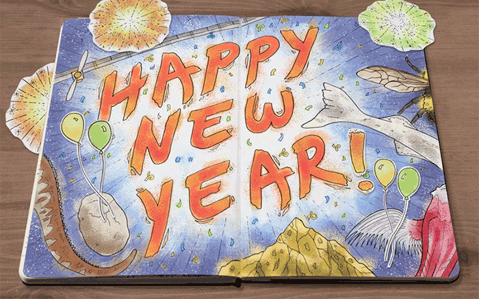 Animated GIF preview of 2016 New Year’s Card, featuring original artwork of Kendi the Monkey with fireworks in the background