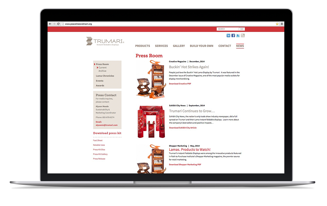 Trumari Instant Foldable Displays website design including product catalog, services, photo galleries and an interactive build-your-own feature
