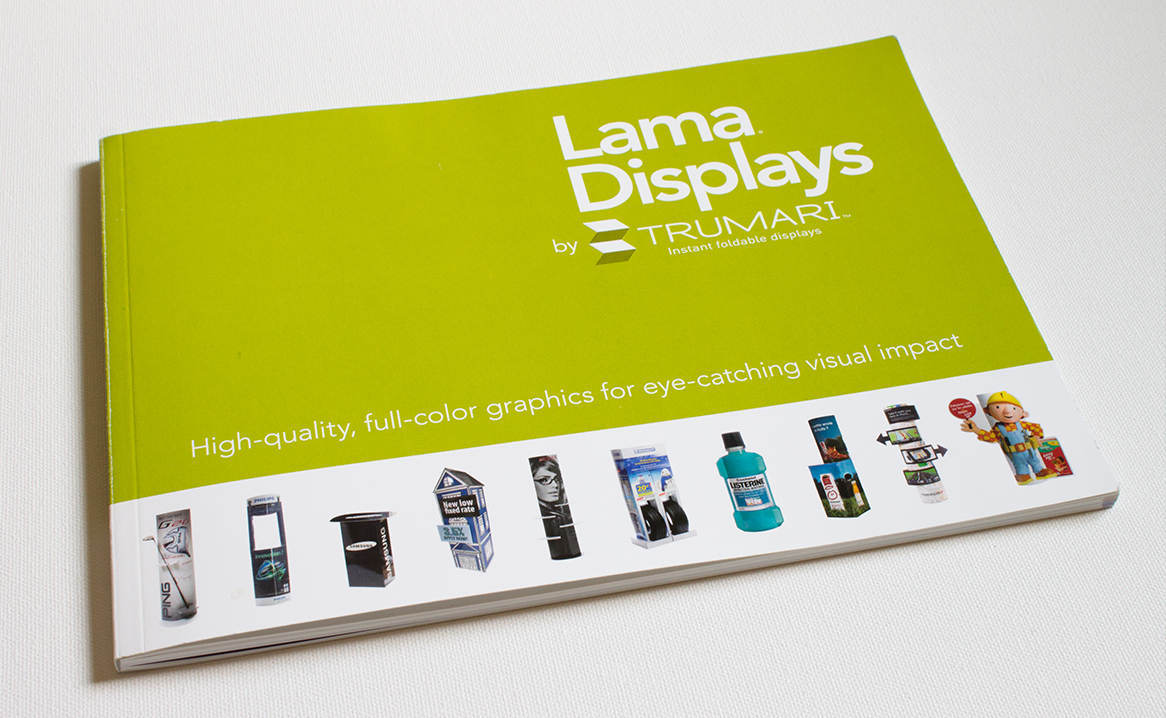 Lama Displays by Trumari printed catalog showcasing litho printing, special effects and die-cutting also available for display production