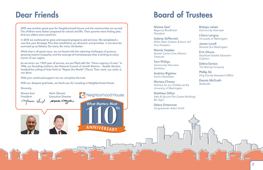 Neighborhood House Annual Report, intro letter and board of trustees